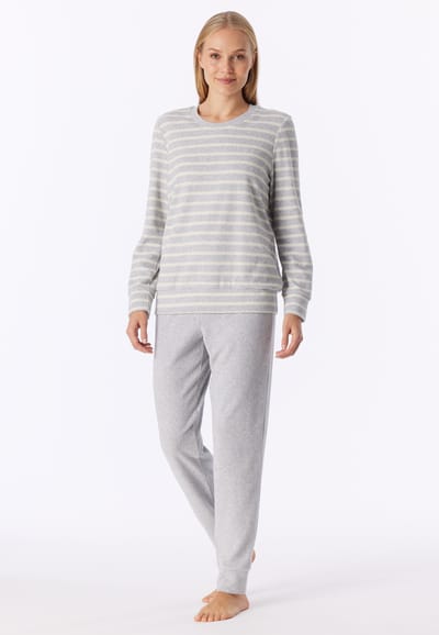 SCHIESSER dames Cotton Essentials Pyjama lang - dames pyjama set - zilvergrijs melange gestreept