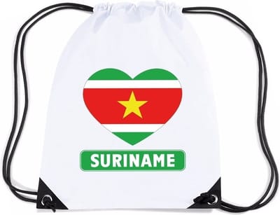 Suriname thema sporttas - nylon rijgkoord rugzak - wit met hartjes vlag print - supporters - 11 liter - 45 x 34 cm