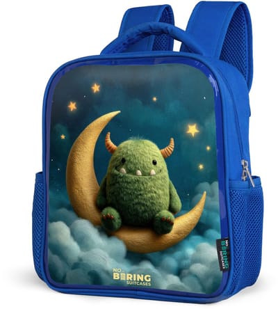 NoBoringSuitcases.com® - Rugzak blauw - Schooltas jongens - Groen monster op maansikkel - Kinder rugtas jongen - Boekentas kind - Kinderrugzak voor school - Schoolrugzak