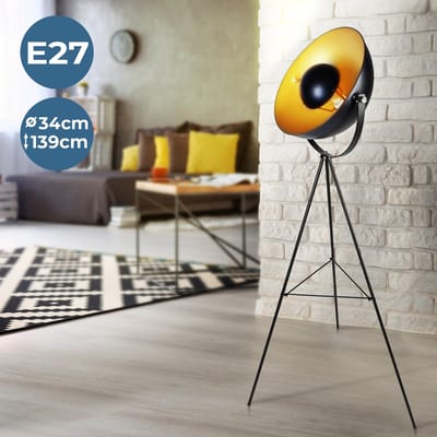 Staande lamp met statief, 163 cm hoog, zwart- goud, driepoot, retro