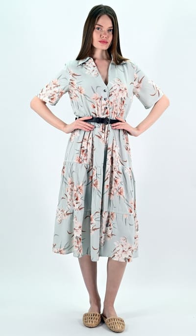 YesMooi - Midi Blousejurk met Bloemenprint en Ceintuur - S (36) - Grijsblauw
