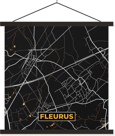 Posterhanger incl. Poster 60x60 cm - Schoolplaat - Goud - Fleurus - Stadskaart - Plattegrond - Kaart - Textielposter - Zwarte latten - Stadskaart