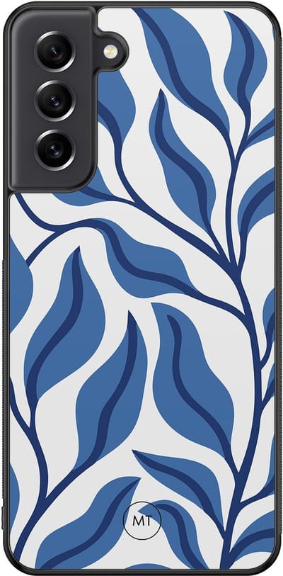 Hoesje geschikt voor Samsung Galaxy S21 FE - Blue leaves - TPU Hard Case Backcover - Blauw - Mooie Telefoonhoesjes