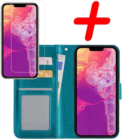 Hoesje Met Screenprotector - Geschikt voor Apple iPhone 14 Plus - Luxe Pasjeshouder - Bookcase Portemonee - Flip Case - Kunstleer Book Case - Flipcase - Book Cover - Walletcase - Portemonneehoes - Turquoise