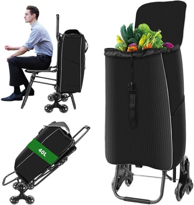 HomeGoodies - Boodschappentrolley met zitfunctie – Opvouwbare winkelwagen met 3-wiel traplopers - 35L tas – Waterdicht opbergvak