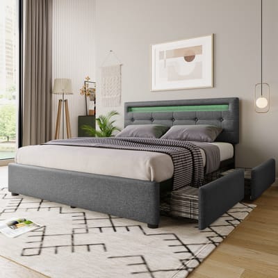 VVBV Opbergbed Gestoffeerd 140x200 cm met LED-Verlichting, Lattenbodem - Verstelbaar Hoofdbord - Hout Grijs - Zonder Matras