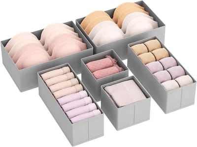 Opvouwbare lade-organizer set van 6 - Grijze stoffen opbergdozen voor kleding
