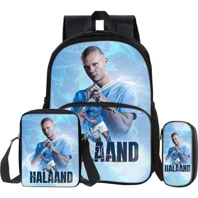 Haaland Voetbal Sport Student Schooltassen Rugzak 3-delige set met Voorvak Rugzak Schoudertassen Voetbalster Etui