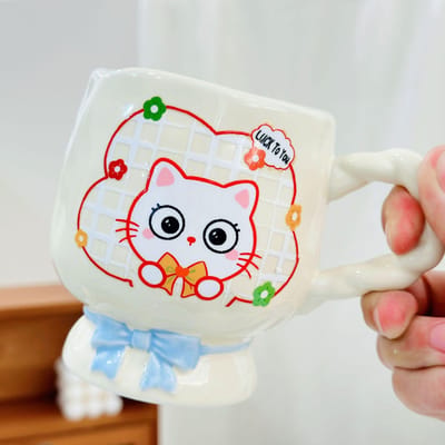 Schattige Cartoon Keramische Kopje Kitten Langbenig Waterbeker Hoog uitziende Mok Studentenbeker Souvenir Cadeau 480ML