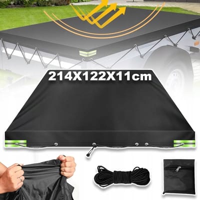 Aanhangwagenhoes Met 8m Elastisch Touw - Waterdicht Stofdicht Zonwerend - Oxford-Stof Reflecterende Strepen - Universele Pasvorm 214x122x11cm - Zwart