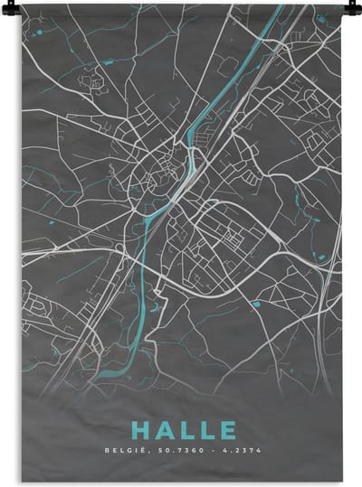 Wandkleed - Wanddoek - België – Halle – Stadskaart – Kaart – Blauw – Plattegrond - 120x180 cm - Wandtapijt