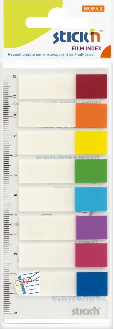 Stick'n Transparante Index tabs - 45x12mm op flexibele liniaal, 120 index tabs totaal