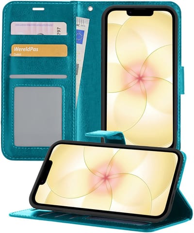 Hoesje - Met Pasjeshouder - Geschikt voor Apple iPhone 17e - Luxe Bookcase Portemonee - Flip Case - Kunstleer Book Case - Flipcase - Book Cover - Walletcase - Portemonneehoes - Telefoonhoesjes - Turquoise
