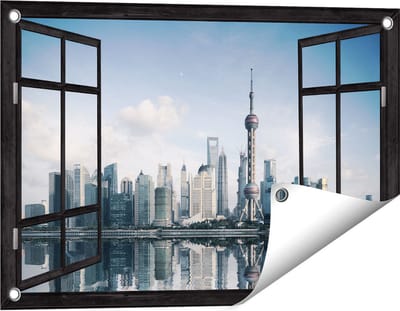 Gards Tuinposter Doorkijk Shanghai Skyline in China - 60x40 cm - Tuindoek - Tuindecoratie - Wanddecoratie buiten - Tuinschilderij