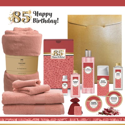 Geschenkset “85 Jaar Happy Birthday!” - 13 producten - 1980 gram | Cadeau Verjaardag - Luxe wellness cadeaubox - Giftset Speciaal voor Haar - Gefeliciteerd - Verjaardag - Cadeaupakket - Gift Set Party - Verjaardagscadeau Goud - Rood - Roze