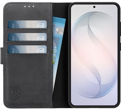 Rosso Deluxe Echt Leer Hoesje Geschikt voor Samsung Galaxy S26 Plus | Ruimte voor drie pasjes | Portemonnee Book Case | Met Pasjeshouder | Zwart