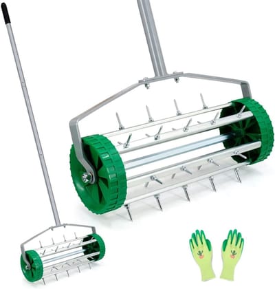 Gazonbeluchter Rollen - Handmatige Beluchter - Gazon Verzorgen - Lange Stalen Handgreep - 46 cm Breed - Zilver