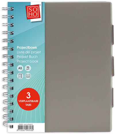 SOHO Projectboek – Collegeblok – Lijntjespapier – 3 verplaatsbare tabs – 120 vellen – A5 – Zwart/Grijs