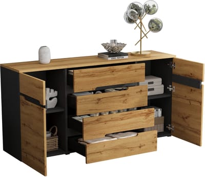 Woonkamerkast 160*40*80 cm, dressoir met 2 kastdeuren en 4 lades, eetkamerkast, brede greeploze lades, bankdressoir, houtkleur + zwart