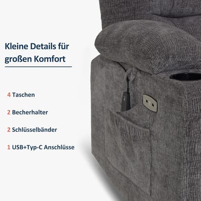 Elektrische Relaxfauteuil 88 x 83 x 110 cm – TV-Stoel met Elektrisch Verstelbare Rugleuning & Voetensteun, USB-poort, Bekerhouder en Chenille-Stof – Grijs – Laura
