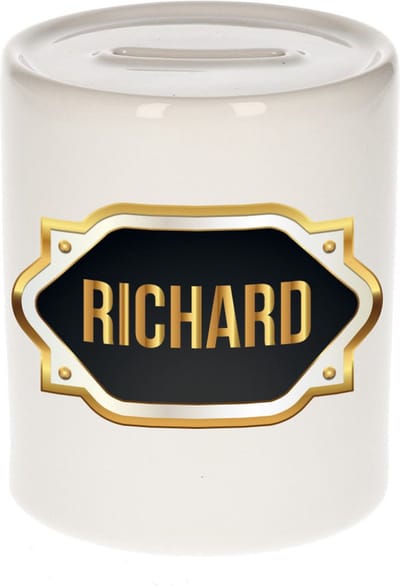 Spaarpot met voornaam Richard - wit - met goud/zwart embleem - 8 x 9 cm - keramiek - met afsluitdop - cadeau verjaardag