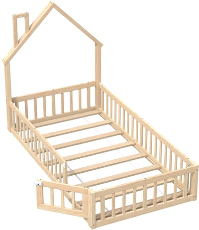 COVREO Kinderbed met veiligheidshek – 90x200 cm – Huisbed met schoorsteen – voor kinderkamer – Naturel - zonder matras