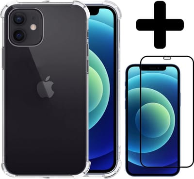 Hoesje - Met Screenprotector - Geschikt voor Apple iPhone 12 - Sterk & Shockproof - Back Cover - Siliconen Case - Telefoon Hoes - Shock Proof - Telefoonhoes - Transparant