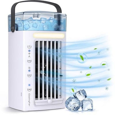 3-in-1 draagbare airconditioner, ventilator en tafelkoeler met 3 ventilatorsnelheden en 7-kleurige ledverlichting.