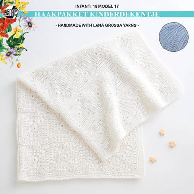 Haakpakket deken-kinderdekentje-kado-kraamcadeau-granny square met Ecopuno garen model 17 van Infanti 18-pastelblauw