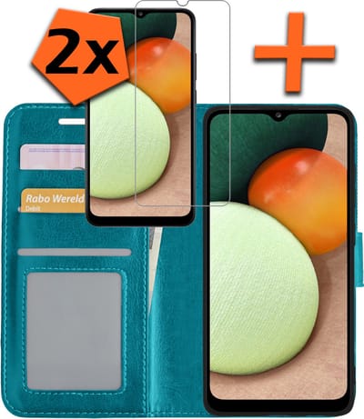Hoes - Met 2x Screenprotector - Geschikt voor Samsung Galaxy A02s - Luxe Pasjeshouder - Bookcase Portemonee - Flip Case - Kunstleer Book Case - Flipcase Hoes - Book Cover - Walletcase - PortemonneeHoes - Turquoise