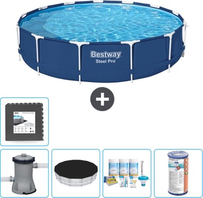 Bestway Rond Steel Pro Zwembad - 396 x 84 cm - Blauw - Inclusief Pomp Afdekzeil - Onderhoudspakket - Filter - Vloertegels