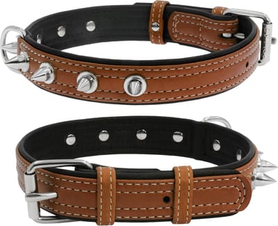 WAUDOG Soft Halsband / Hondenhalsband met Spikes - Leder - Bruin - Breedte: 20 mm - Nekomtrek: 30 - 39 cm (GELIEVE ALVORENS BESTELLEN OPMETEN)
