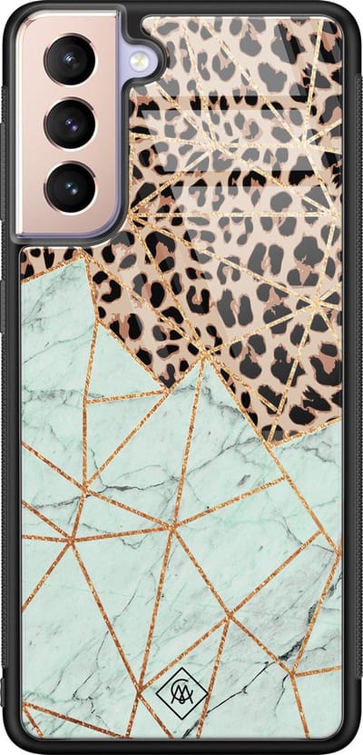 Casimoda® hoesje - Geschikt voor Samsung Galaxy S21 - Luipaard Marmer Mint - Luxe Hard Case Zwart - Backcover telefoonhoesje - Bruin