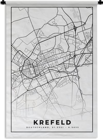 Wandkleed - Wanddoek - Kaart - Krefeld - Plattegrond - Stadskaart - 120x180 cm - Wandtapijt