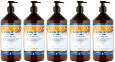 Bodylotion Honing 1 Liter - met gratis pomp - set van 5 stuks - Voordeelverpakking