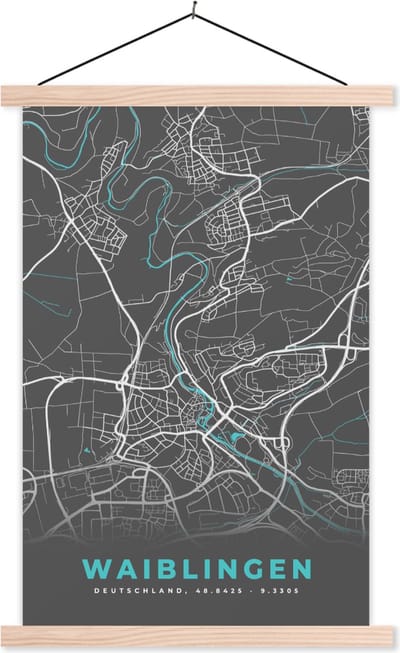 Posterhanger incl. Poster 40x60 cm - Schoolplaat - Duitsland – Blauw – Waiblingen – Stadskaart – Kaart – Plattegrond - Textielposter - Blanke latten - Stadskaart