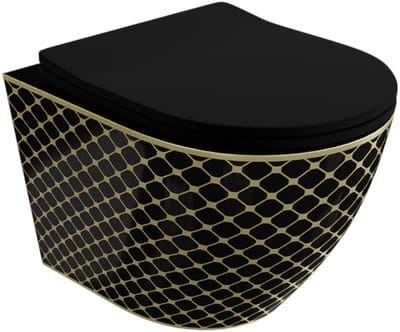 LAVITA SOFI BLACK NIGHT - Hangtoilet - Zwart/Goud Ruitpatroon - Randloos - Wandcloset - Softclose - Luxe