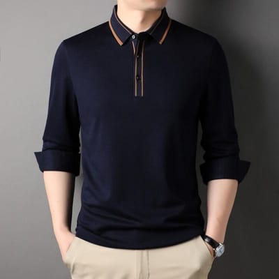 Heren T-shirt met Lange Mouwen met Lapel van Moerbeizijde Kasjmier Top voor Middelbare Leeftijd en Ouderen Lente Nieuw Zakelijk Vrije Tijd Papa Kleding 190 black