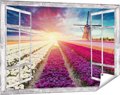 Gards Tuinposter Doorkijk Kleurrijke Tulpen Bloemenveld - Windmolen - 120x80 cm - Tuindoek - Tuindecoratie - Wanddecoratie buiten - Tuinschilderij