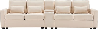 Sweiko 4-zitsbank in linnen stof met console, 2 bekerhouders en 2 USB-poorten, met armleuningzakken en 4 kussens, moderne minimalistische stijl, beige