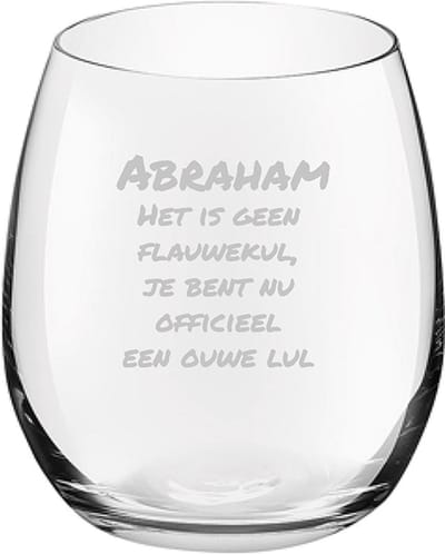 Gegraveerde Drinkglas 39cl Abraham het is geen flauwekul, jij bent nu officeel een ouwe lul