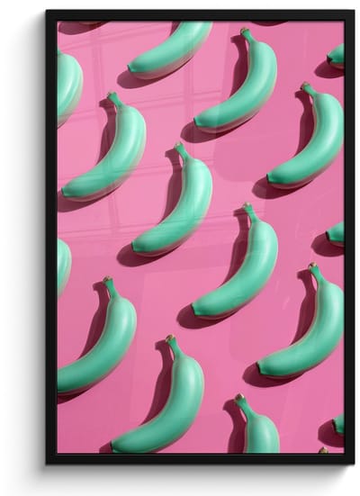 Poster in lijst - Fotolijst 60x90 cm - Posters - Bananen - Patroon - Blauw - Roze - Posterlijst zwart - Decoratie - Wanddecoratie woonkamer - Muurdecoratie slaapkamer