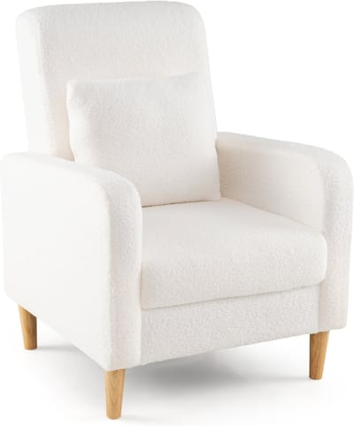 COSTWAY Loungestoel, teddy stoel met lendenkussen en houten poten, gevoerde enkele bank met rugleuning en armleuningen, oorfauteuil voor woonkamer en slaapkamer, belastbaar tot 150 kg, beige