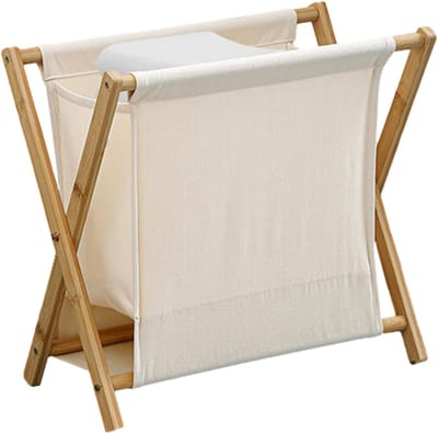 Houten Wasmand - Linnenmand Opvouwbaar - Kamer Opruimen - X-frame Design - 40 x 30 x 38 cm - Khaki Wit