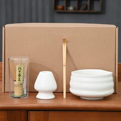 Without Lemon - Japanse Matcha Starters Set - Bamboe Klopper - Lepel - Kom - Klopperhouder - Matcha Tea Making Kit - Ceremonial - Matcha Lovers - Cadeau Tip - 4 delig - Wit