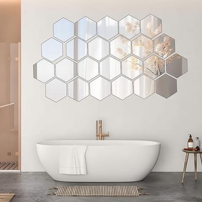 Zeshoekige spiegeltegels, 24 stuks, zelfklevend, 126 x 109 x 63 mm, spiegel om op te plakken, voor thuis, badkamer, woonkamer, slaapkamer