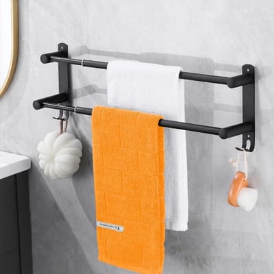 SnelShoppen - Verstelbare Handdoekrails 43-78cm RVS Handdoekrekken met Haken Wandgemonteerde Handdoekhangers voor Badkamer Keuken, Zwart (2-Laags)
