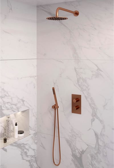 Brauer Copper Edition thermostatische inbouw regendouche 3-weg omstelling SET 27 met 20 cm douchekop en gebogen muurarm en staaf handdouche en doucheslang en wandaansluitbocht koper geborsteld PVD
