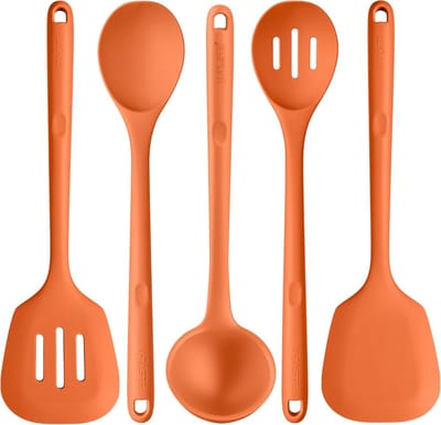 Extra lange silicone keukengerei set van 5 stuks: hittebestendige kooktools voor mengen, serveren en bakken (230℃, oranje)