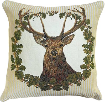 Kussenhoes - Luxe gobelinstof - Stag - Hert - Deer - Edelhert - Beige schotse ruit